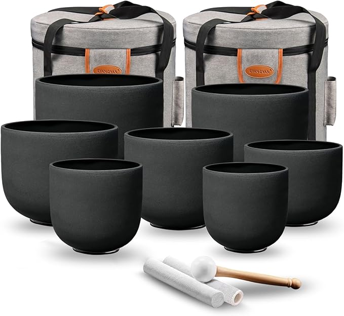 RYAN DVAN 7-12 Inch Set of 7 Pcs Black Color Quartz Crystal Singing Bowl Chakra Set with Free 2 pcs Carrying Case
