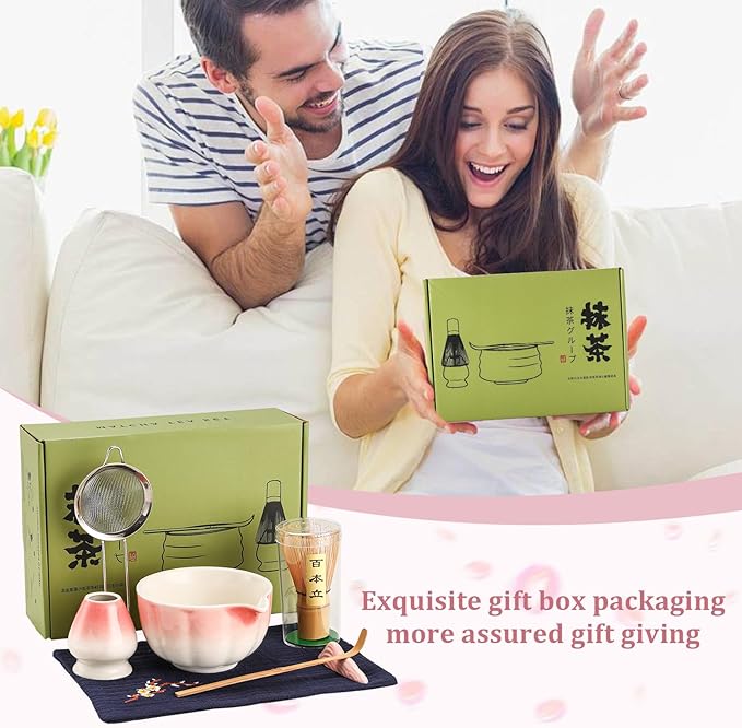 Matcha Whisk Set, 7-Pack Peach Pink Matcha Set - Include Ceramic Petal Matcha Bowl with Spout, Bamboo Whisk, Chasen Holder, Sifter, Scoop, Tea Towel, Scoop Rest - Matcha Making Kit for Tea Lover