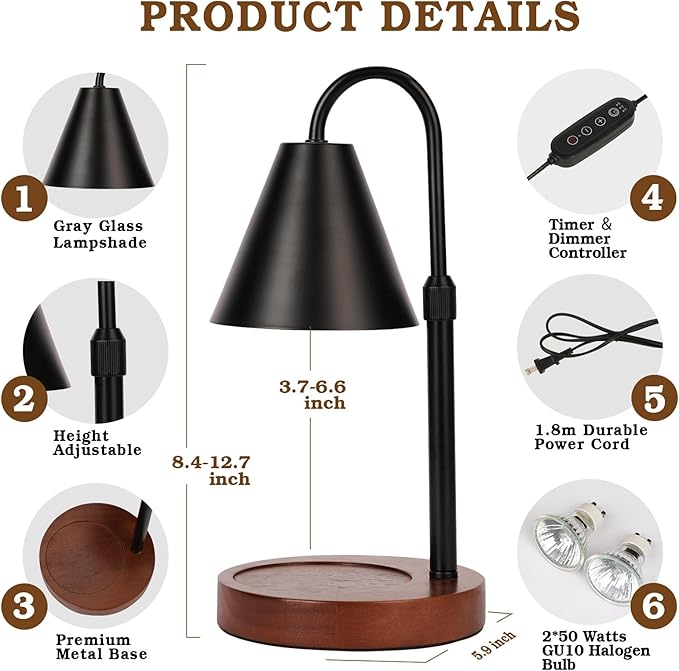 Candle Warmer Lamp with Timer Dimmable, Christmas Birthday Gifts for Women Mom, Vintage Candle Lamp, Black Candle Warmer for Jar Scented Candles, Home Decor, Wax Melt Warmer with 2 Bulbs