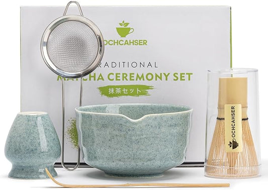Matcha Kit Set, Matcha Whisk Set Includes Matcha Bowl And Holder, Bamboo Matcha Whisk, Scoop and Matcha Sifter, 17 oz Mottled Blue Glaze Ceramic Matcha Kit for Tea Lovers