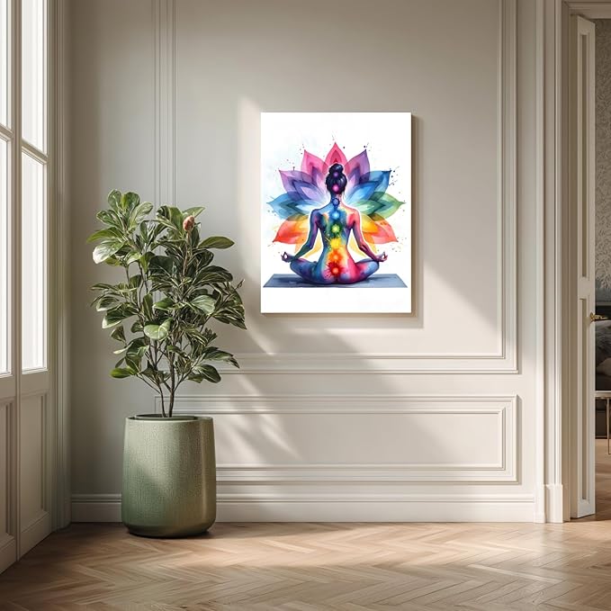 GELDSTEI Framed Zen Wall Art, Chakra Yoga Wall Decor, Colorful Meditation Poster Print, Spiritual Canvas Painting, Vibrant Meditating Woman Aesthetic Picture for Living Room Yoga Studio 16"x24"