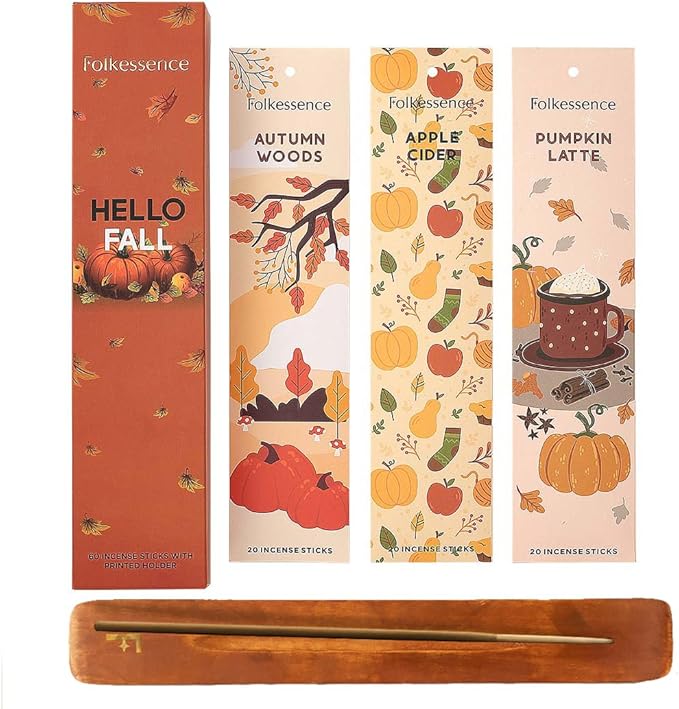 Folkulture Incense Stick Gift with Holder | Set of 3 Fall Incense Sticks with 45 Min Burn Time | Pumpkin Spice Inscents-Sticks | Organic & Non Toxic Fall Scents | Insense-Stick for Fall Essentials