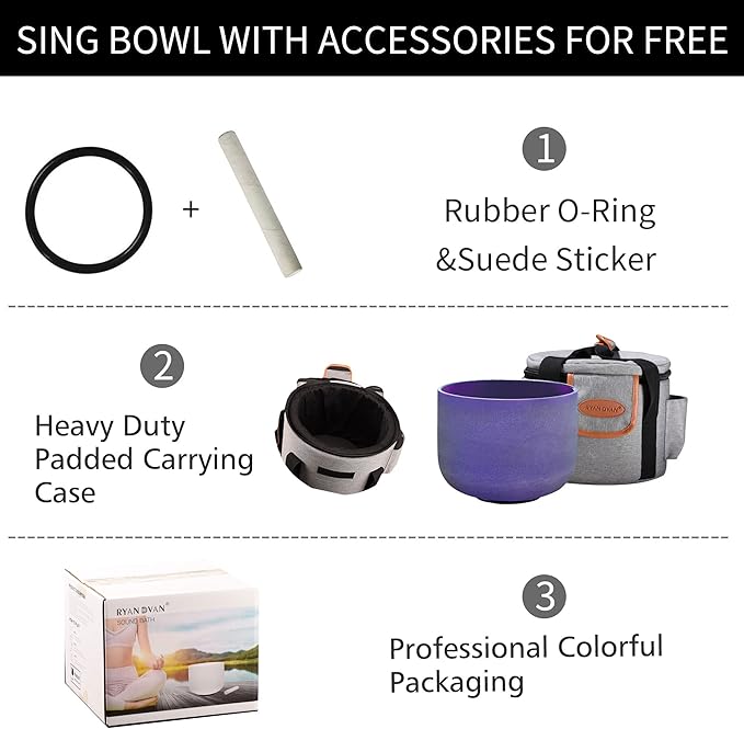 RYAN DVAN 8” B Note Purple Frosted Crown Chakra Crystal Singing Bowl with Free Heavy-Duty Carrying Case and Suede Striker O-Ring