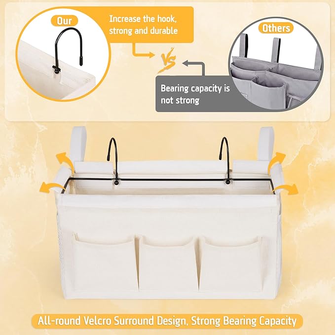 Bedside Caddy Storage Organizer with Fixed Straps and Water Bottle Holder for Home, College, Dorm, Bunk/Hospital/Crib Bed Rails, White