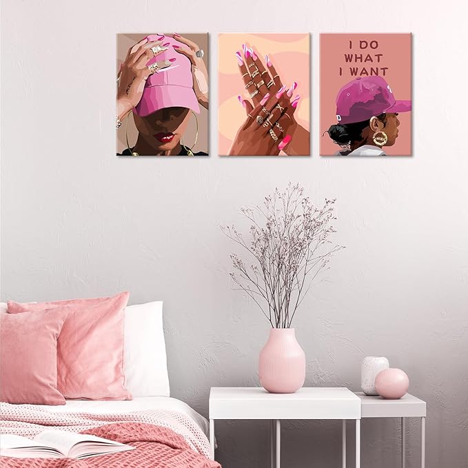 Black Girl Canvas Wall Art pink trend American Black Woman Posters Prints Wall Decor Pictures for Home Living Room Bedroom study Decoration,Framed12 x 16inches X3piece