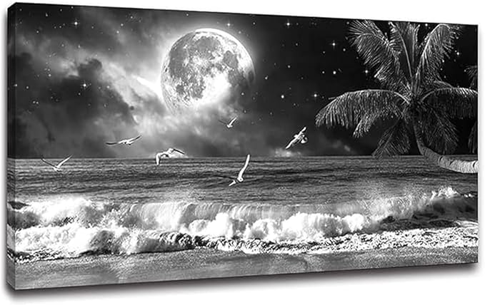 Yxbhhym large Black and White Beach Wall Art Moon Sea Ocean Prints Art Coast Canvas Pictures Paintings Seascape Poster Palm Artwork for Wall Office Decor living room Decoration Framed-30x60inches