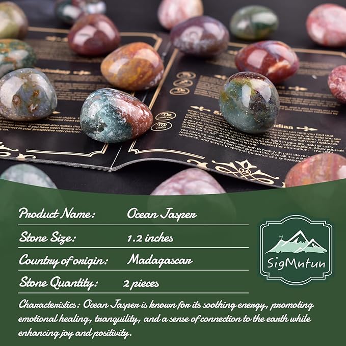 Polished Ocean Jasper Crystal Stones - 2 Pcs of 1.2" Worry Stone for Anxiety, Pocket Palm Stone Super Large Handpicked Natural Tumbled Gemstones for Meditation, Reiki, Chakra Healing, Home Decor