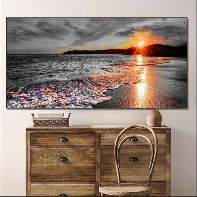 Yxbhhym-Large Canvas Wall Art Living Room Black and White Beach Wall Decor for Bedroom Landscape Ocean Room Decor Sea Sunset Paintings Seascape Prints Art Office Artwork Morden Framed Decorations