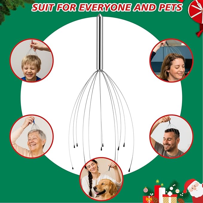 Soaoo 30 Pcs Christmas Head Massager Scalp Massager Bulk with Inspirational Christmas Cards Handheld Steel Wire Head Scratcher for Body Office Home Spa Stress Relief Relaxation Women Men Gift(Classic)