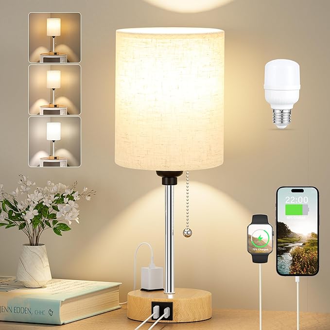 Small Bedside Lamp for Bedroom Nightstand - Table Lamp with USB C and A Port, Pull Chain Bed Lamps with AC Outlet, Wood Base Night Stand Lights for Kids Reading, Desk Lamp for Living Room/Dorm Room