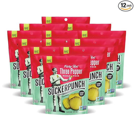 SuckerPunch Three Pepper Pickle Chips, Snack Pack, Gluten Free, Kosher, Sugar Free, Low Calorie, Low Carb, Ready to Eat, on the Go, Non GMO, Keto Friendly, Vegan, 3.4 Oz, Single Serve Pouch, 12 Pack