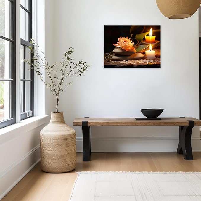 Zen Canvas Wall Art Lotus Flower Stone Painting Framed Spiritual Artwork Meditation Decor for Living Room Bedroom Ready To Hang(Artwork-2,24"x36")