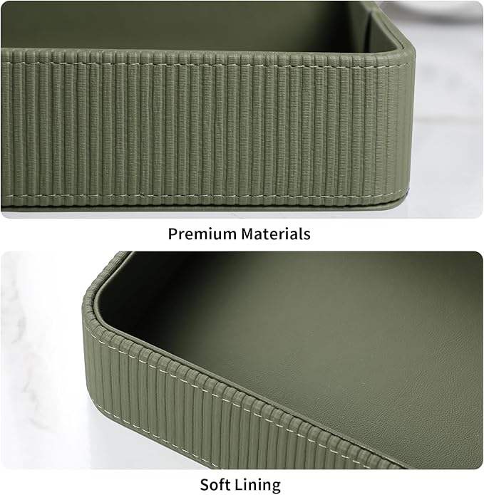 PU Leather Valet Tray Organizer, Modern Nightstand Organizer Bedside Desktop Storage for Womens and Men, Decorative Perfume Trinket Catchall Vanity Tray for Key Watch Wallet (Green)