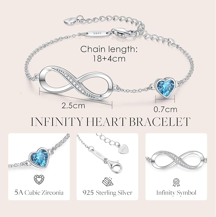 CDE Infinity Heart Birthstone Charm Link Bracelet for Women 925 Sterling Silver Adjustable Mother's Day Gift Anniversary Birthday Jewelry for Wife Girlfriend Her