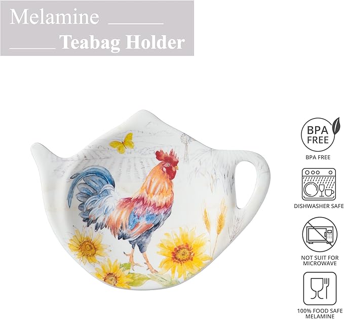 Supreme Housewares Sunshine Rooster Tea Bag Holders, Teapot Shaped Tea Bag Coasters Spoon Rests Saucer Seasoning Dish Set, Multicolor, 4 x 3 Inch, Set of 4