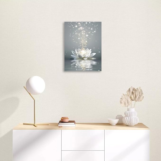 Ypxzzj Framed White Lotus Flower Wall Art for Living Room, Zen Canvas Wall Art for Yoga Bedroom,Meditation Spiritual Wall Decor Print for Bathroom Study Room Ready to Hang(16''x24'')