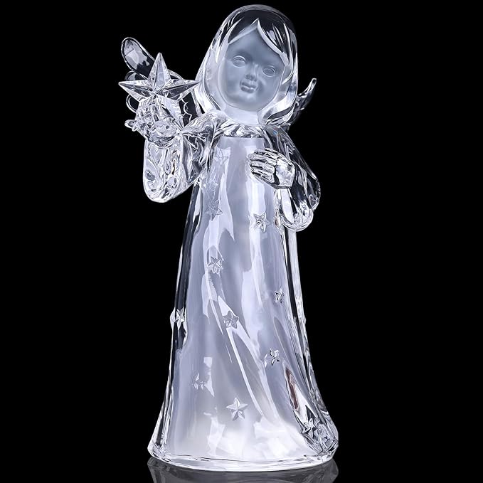 Acrylic Clear Guardian Angel Figurines with LED Light, Crystal Glass Finish Angel Statue, Large Christmas Angels Gifts for Women, Healing Angels Figurines Decorations(Star)