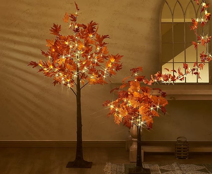 Hairui Lighted Maple Leaf Garland with Timer 6FT 24 Warm White LED, Fall Garland with Lights Battery Operated for Thanksgiving Harvest Christmas Wedding Decoration Indoor Outdoor