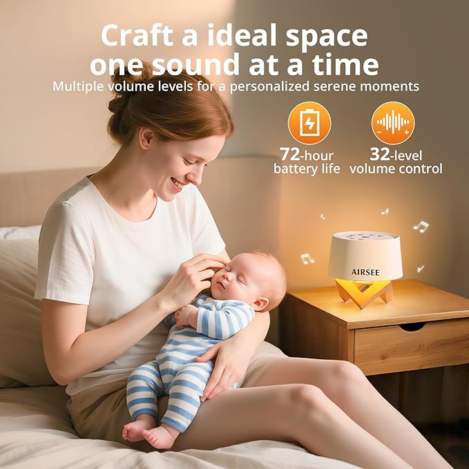 AIRSEE White Noise Sound Machine for Baby Adults, 31 Soothing Sounds 2000mAh Battery 4-Level Night Light Sound Machine, Timer & Memory Function 32 Volume Levels Sleep Machines for Home Office Travel