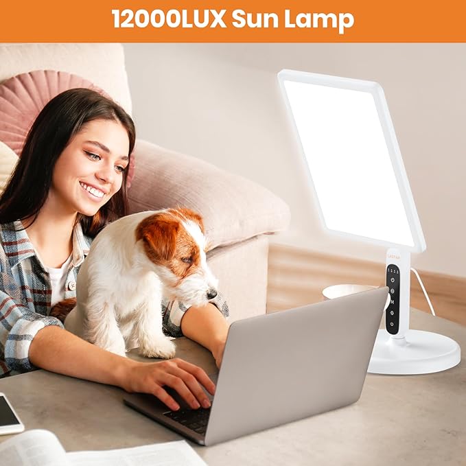 LASTAR Light Therapy Lamp for Living Room, 12000LUX Full Spectrum, Remote Control/4 Color Temperature/5 Brightness/4 Timer/3 Height Standing Sunlight Floor Lamp