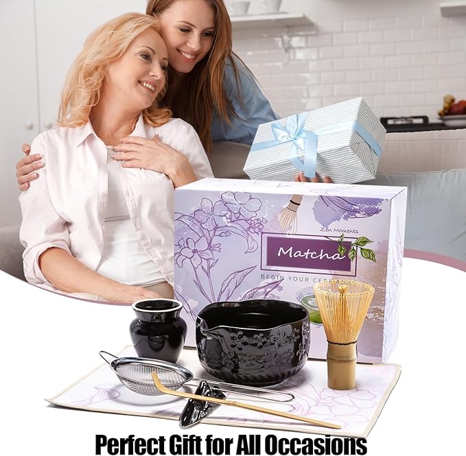 APLSTOW Matcha Whisk Set - Traditional Japanese Handmade Bamboo Matcha Whisk and Holder, Matcha Bowl,Bamboo Scoop, Scoop Rest, Sifter and Tea Towel (Black)