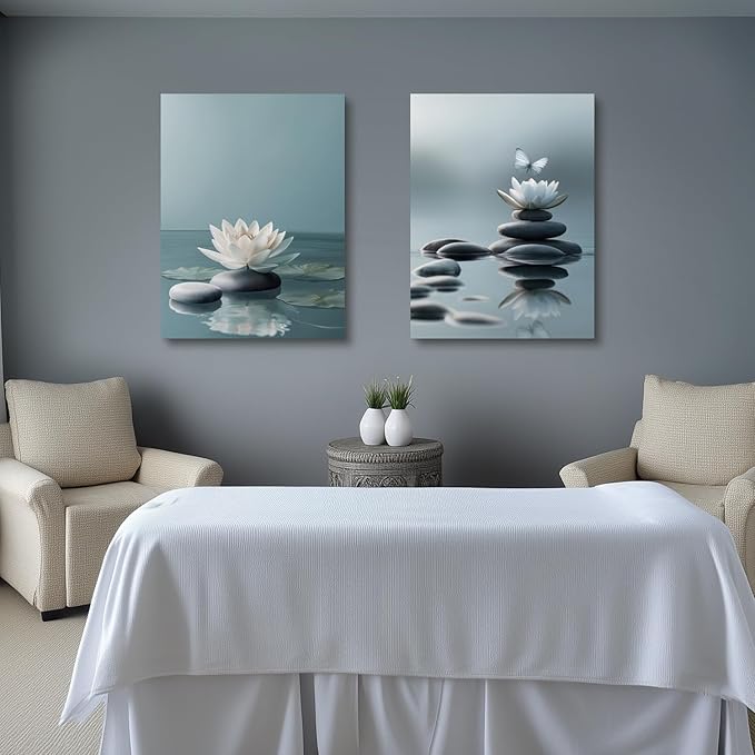GELDSTEI Calm Zen Botanical Canvas Wall Art, White Lotus Blooming on Stones in Water Aesthetic Pictures, Yoga Spa Meditation Room Decor, Modern Spiritual Poster Prints for Zen Office Framed 16"x24"x3