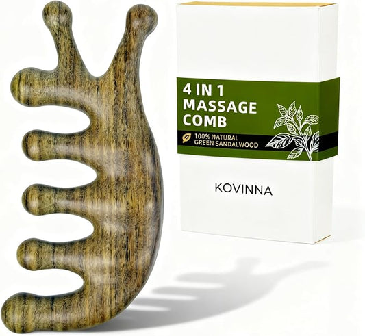 Green Sandalwood 4-in-1 Massage Comb & Gua Sha Tool for Scalp, Face & Body – Natural Wooden Comb for Relaxation, Stress Relief & Hair Care – Luxury Self-Care Gift for Women, Mom & Girlfriend