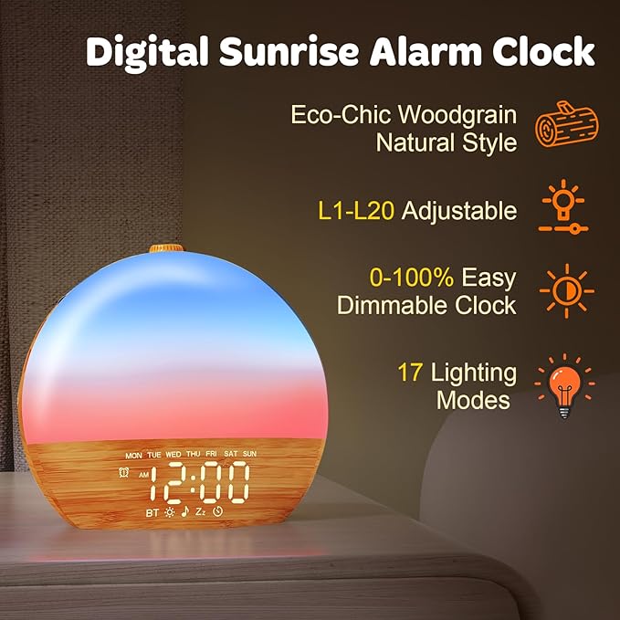 Sunrise Alarm Clock with Sound Machine - Wake Up Light, Wood Grain, Bluetooth, Dual Digital Alarm Clocks for Bedrooms, Adjustable Brightness, 30 Sleep Sounds, White Noise Machine for Baby & Adults