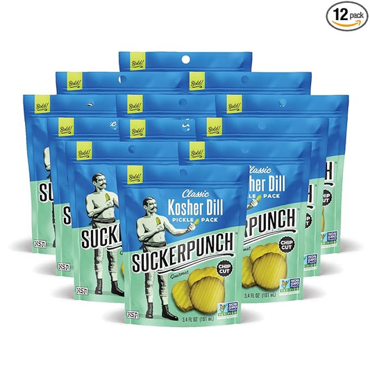 SuckerPunch Classic Dill Pickle Chips, Snack Pack, Gluten Free, Kosher, Sugar Free, Low Calorie, Low Carb, Ready to Eat, on the Go, Non GMO, Keto Friendly, Vegan, 3.4 Oz, Single Serve Pouch (12 Pack)