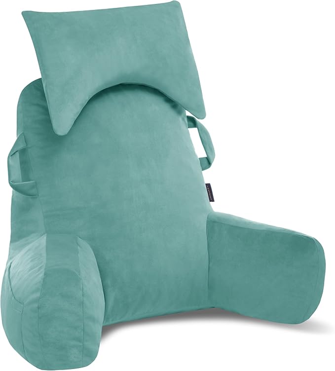 Portable Reading Pillows with Headrest for Bed Sitting Up(Lake Blue Oeko-Tex), Velvet Back Pillow with Arms & Pockets for Adults, Support Memory Foam Bed Pillow for Dorm/Watching/Gaming