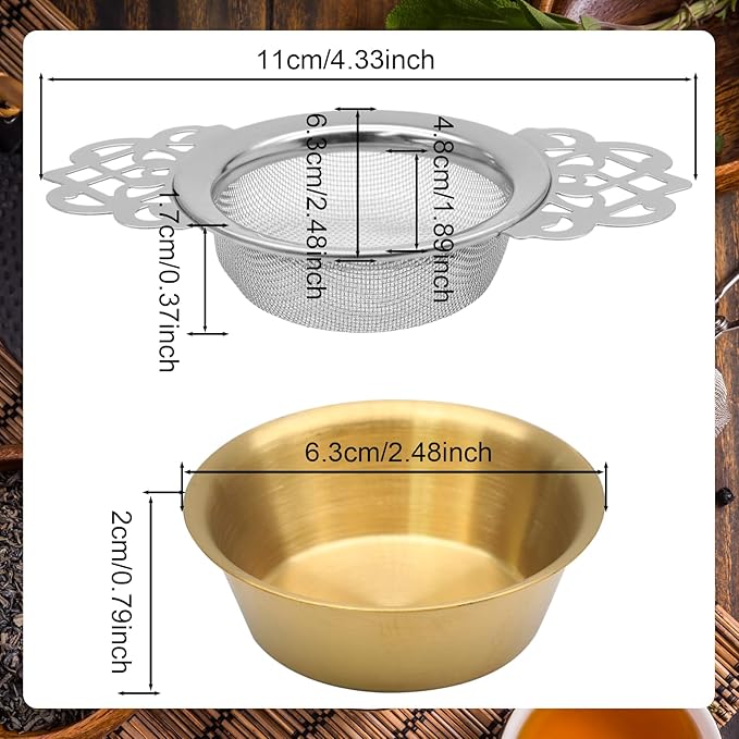 2 Pack Tea Strainers with Drip Bowls Stainless Steel Mesh Tea Infusers Loose Leaf Tea Filter with Handles Tea Steeper for Tea Juice Coffee Drinks, Gold & Silver