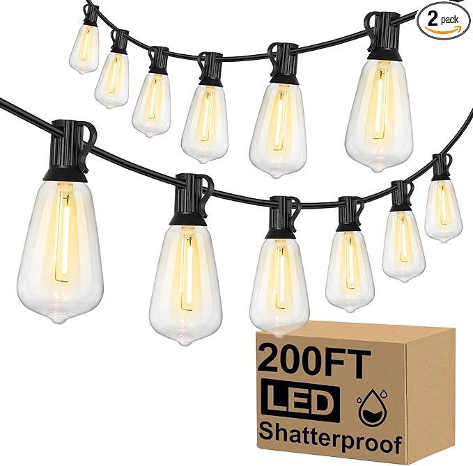Brightever Outdoor String Lights 200FT Waterproof, Patio String Lights for Outside with 100+4 ST38 Shatterproof LED Filament Bulbs, Dimmable Hanging Lights for Christmas, Party, Cafe (2-Pack 100FT)