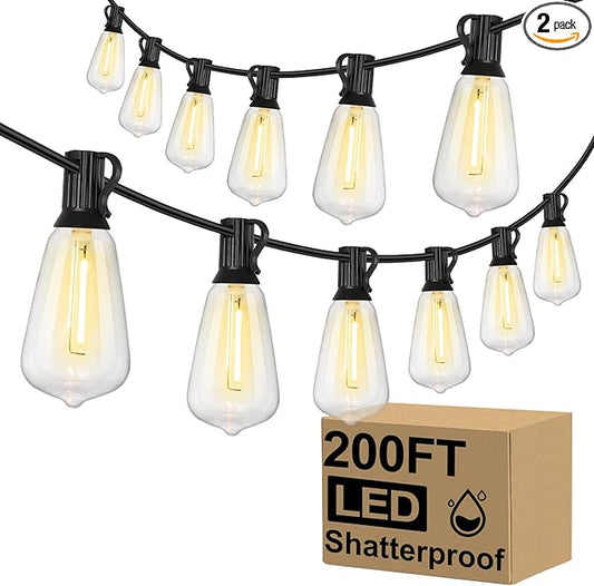 Brightever Outdoor String Lights 200FT Waterproof, Patio String Lights for Outside with 100+4 ST38 Shatterproof LED Filament Bulbs, Dimmable Hanging Lights for Christmas, Party, Cafe (2-Pack 100FT)
