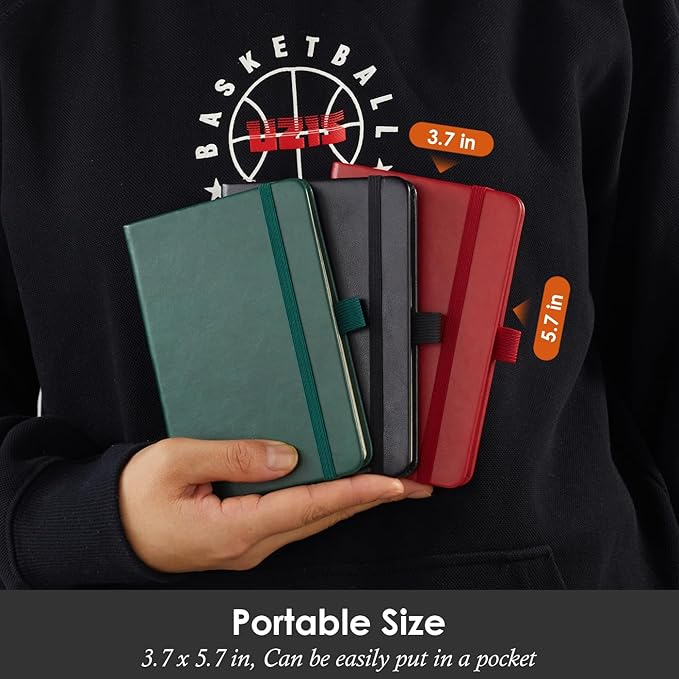 Small Notebook Journals, 3 Pack Mini Pocket Note pads for Men & Women Writing, A6 Small Leather Notepad 3.7" x 5.7" with Pen, Black, Red, Green