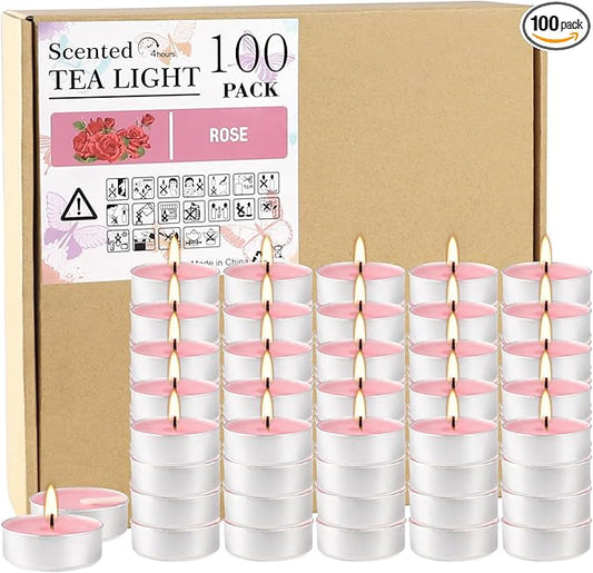 Pink Scented Tealight Candles - 100 Pack Votive Candles Bulk - Rose Fragrance Tea Light Candle Gift Set for Holiday, Wedding and Home - 4 Hour