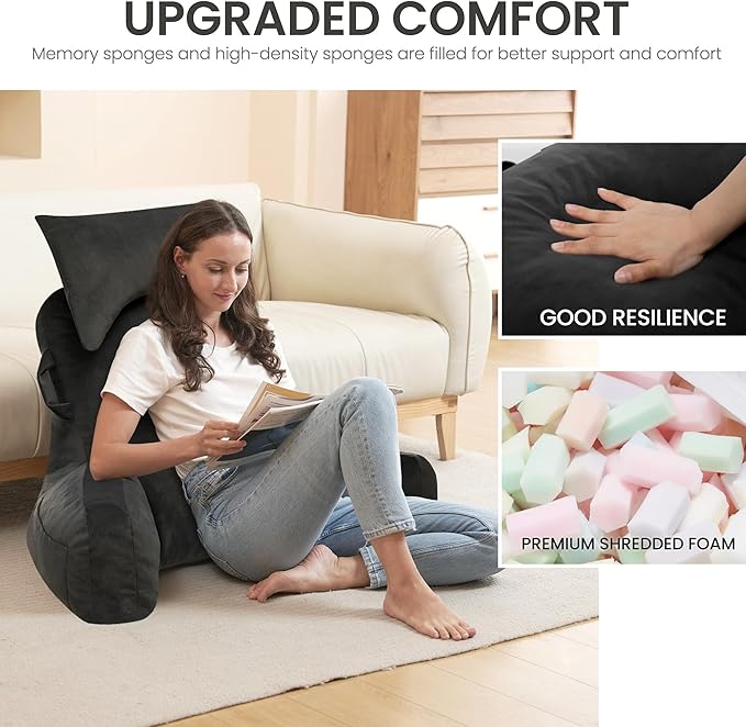 Portable Reading Pillows with Headrest for Bed Sitting Up(Grey Oeko-Tex), Velvet Back Pillow with Arms & Pockets for Adults, Support Memory Foam Bed Pillow for Dorm/Reading/Watching/Gaming