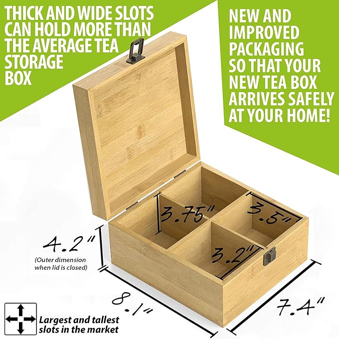Bamboo Tea Organizer Box Chemical Free Eco-Friendly Big, Tall, Adjustable Cubbies Natural Wooden Storage Chest (4-Slot Square 7.4" x 8.1" x 4.2" Tea Time)