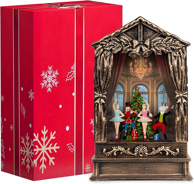 Christmas Snow Globe Lantern Water Glittering Nutcracker Ballet Theatre with Music & Timer, USB Lined/Battery Operated Lighted Lantern for Christmas Festival Decoration Gifts
