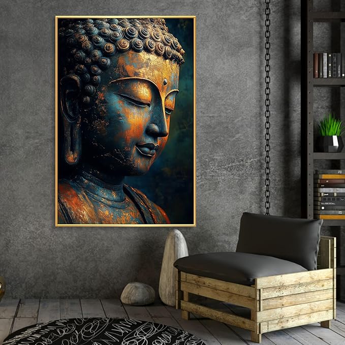 Buddha Statue Canvas Art, Zen Meditation Décor, Framed Print for Bedroom, Yoga Room, and Living Room (Gold Framed, 24"x36"|62x92cm)
