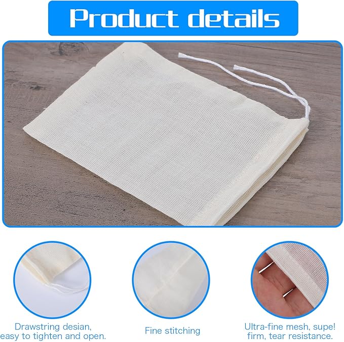 30Pcs Reusable Drawstring Muslin Bags, 3.94x3.15In Empty Spice Bags for Cooking, Tea Bag for Loose Tea, Natural Cotton Nut Milk Strainer Bag for Home Office Filtering Cook Soup Cold Brew Coffee