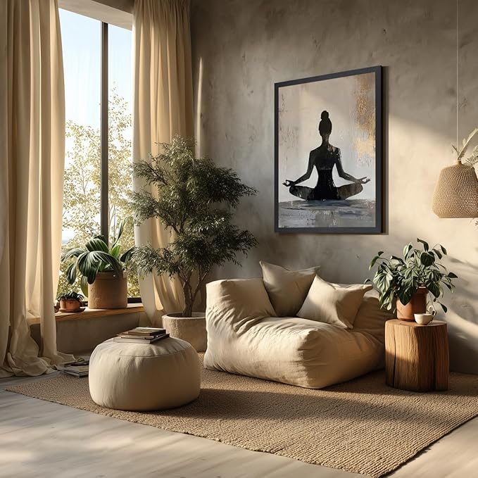GELDSTEI Wood Framed Zen Wall Art, Modern Yoga Girl Canvas Painting, Tranquil Meditation Wall Decor, Spiritual Aesthetic Picture, Calming Mindfulness Poster Prints for Living Room Spa Yoga 12"x16"