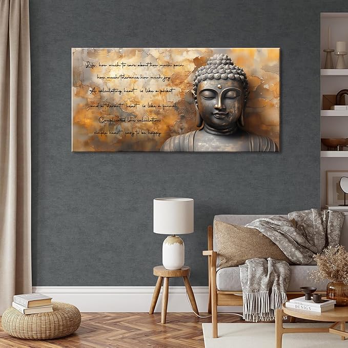 ZESTRILIA Zen Buddha Wall Art for Living Room Office Tan Brown Buda Life Quotes Canvas Painting Prints Calming Buddhist Artwork Family Bedroom Decor Extra Large (58x28 Inches)