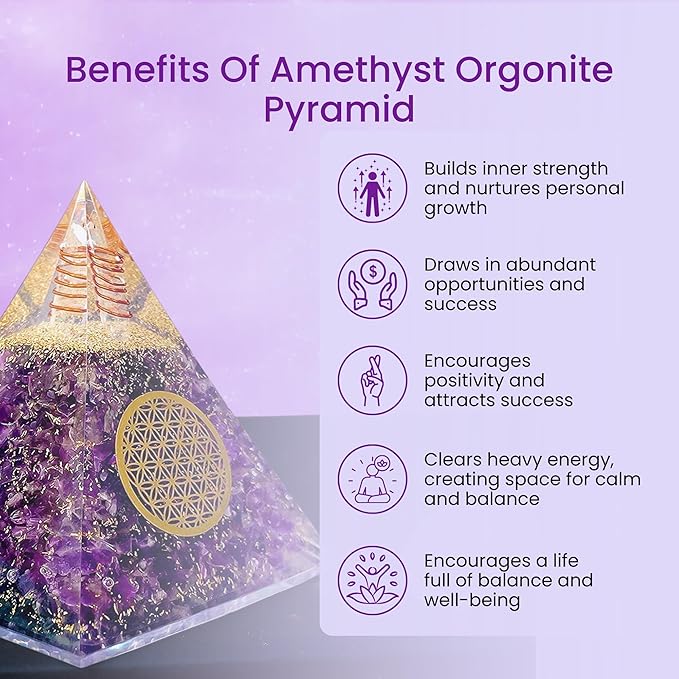 Orgone Pyramid of Success, Amethyst Orgonite Pyramid, Reiki Energy Generator for Healing, Meditation, and Positive Energy