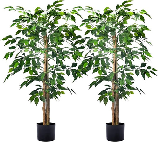 2Packs 4FT Artificial Ficus Trees with Realistic Leaves and Natural Trunk, Faux Ficus Tree with Sturdy Plastic Nursery Pot, Fake Ficus Tree for Office Home Farmhouse for Indoor Outdoor Decor