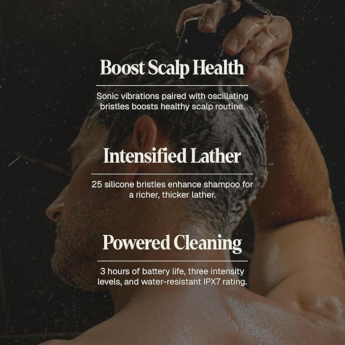 Black Wolf Sonic Scalp Scrubber - Electric Hair & Scalp Massager Brush with 3-Speed Oscillation - Rechargeable Shower Brush & Head Scrubber with Soft Silicone Bristles for Deep Clean & Exfoliation