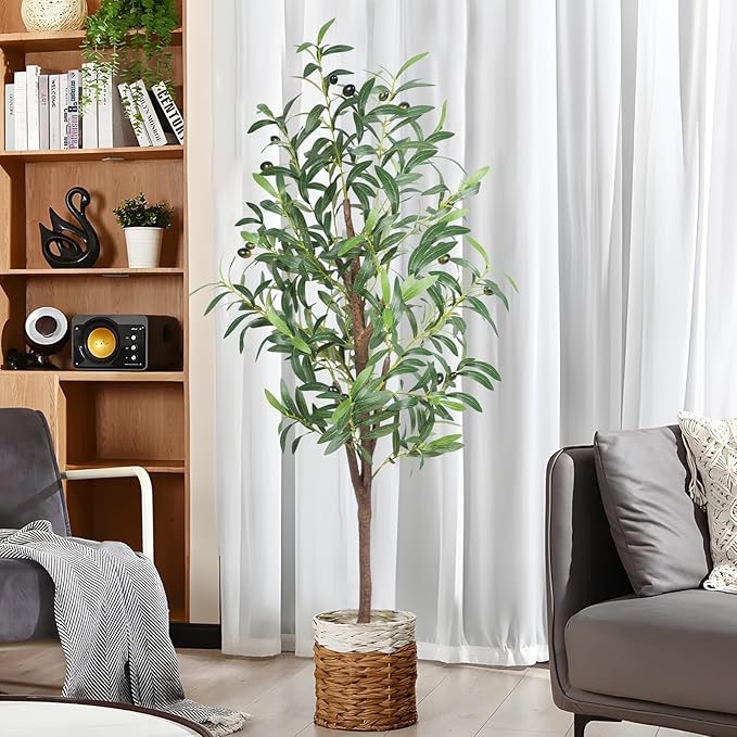 Artificial Olive Tree, 4FT Tall Faux Olive Trees 48in Outdoor Fake Potted Silk Plant with Trunk and Realistic 436 Leaves and 16 Fruits for Modern Office Home Decor（1pack）