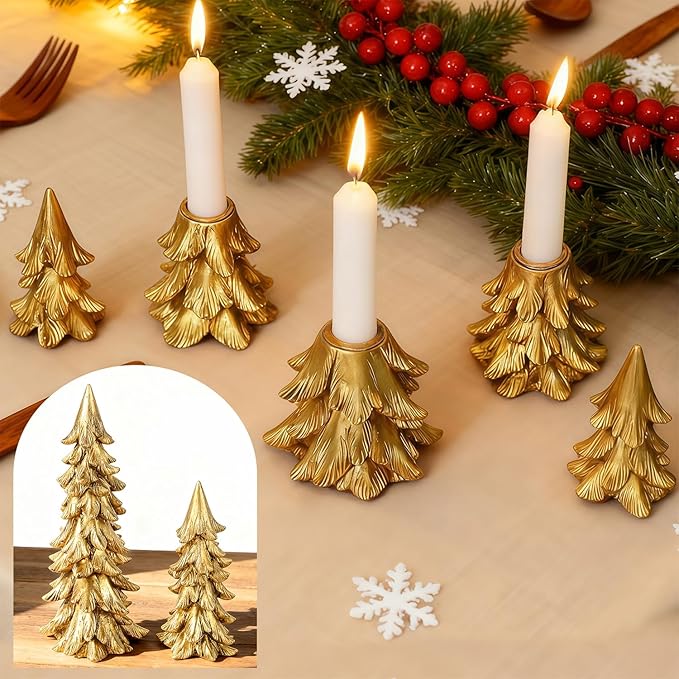 Christmas Table Decorations, Vintage Xmas Golden Resin Tree Candle Holders Set, Combined into Golden Tabletop Pine Tree for Holiday Wedding Party Mantle Fireplace Dining Room Centerpieces