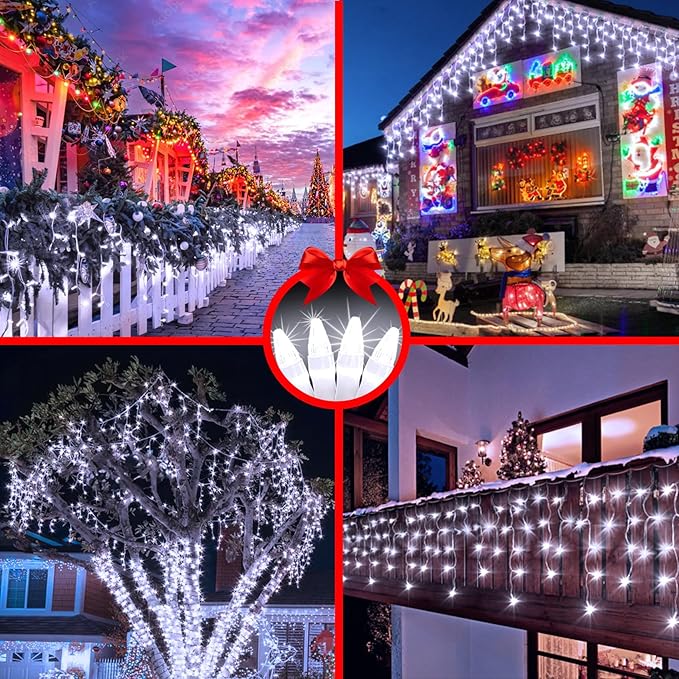 82FT 810 LED Christmas Lights 180 Ice Drops, 12 Lighting Modes and Timer Memory Dimmable, Outdoor Waterproof Hanging Ice String Light for Holiday Wedding Garden Fence House Outside Decor (Cool White)