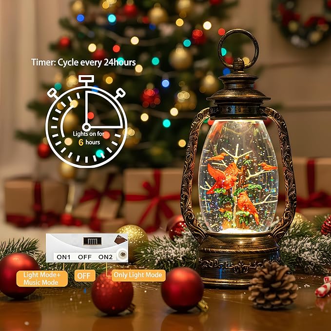 12'' Lighted Cardinals Snow Globe Lantern, Music Water Lantern with Swirling Glitter Decoration for Christmas Home, Living Room, Battery Operated or USB Powered