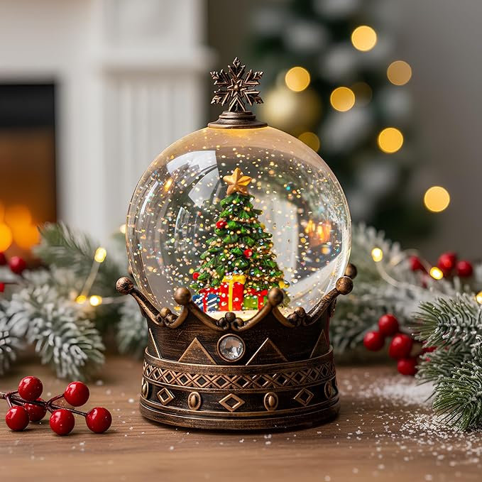 Snow Globe Lighted Christmas Decorations, Christmas Tree Musical Crown Snow Globe with Swirling Glitter, Christmas Holiday Party Gifts and Decorations